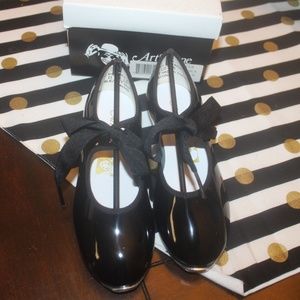 Art Stone Black Patent Mary Jane Tap Dance Shoes Black ribbon tie size 11 NEW…